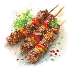 A watercolor painting of Lamb Kebabs, vector illustration on white background.