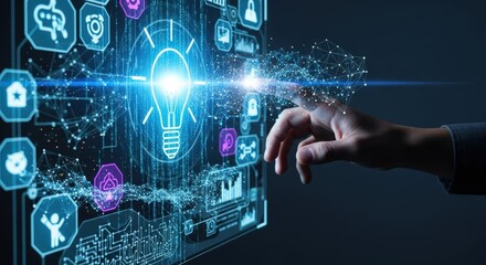 Futuristic hand interacting with glowing digital interface of smart technology icons and a bright idea bulb