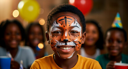 Smiling black african boy with tiger face paint at birthday party celebration  