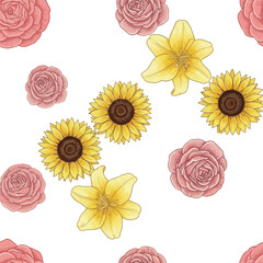 "Seamless Floral Pattern with Sunflowers, Roses, and Lilies &ndash; Elegant Botanical Design for Fabric, Wallpaper, and Decorative Prints"