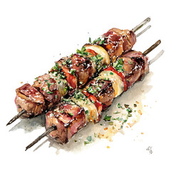 A watercolor painting of Lamb Kebabs, vector illustration on white background.