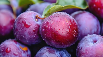 Close-up view of fresh plums covered in water droplets.