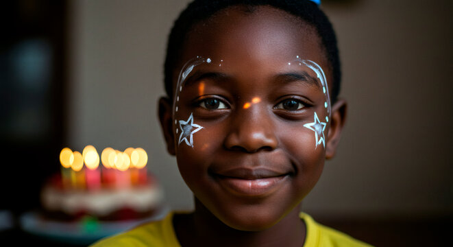 Happy smiling black african boy with face paint at birthday - Powered by Adobe