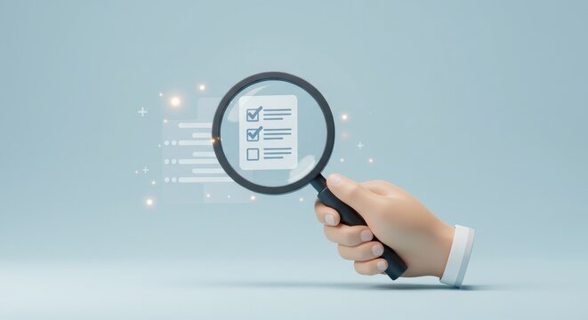 Business checklist with magnifying glass, symbolizing review, analysis, and important decision making process for success