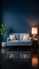 Cozy modern living room with a comfortable blue sofa warm lamp light and a lush green plant against a dark blue wall