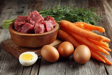 Slices of raw red meat, fresh garlic, and green vegetables on a white board are the perfect ingredients for a healthy gourmet meal