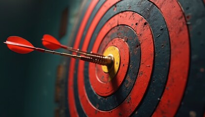 Close-up of dartboard with two darts hitting bullseye. Red and black target with yellow center. Darts have red tips and metal shafts. Background is dark and out of focus.