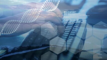 Right hand starting typing streaming code animating DNA helix and pulsing grid for visualization - Powered by Adobe