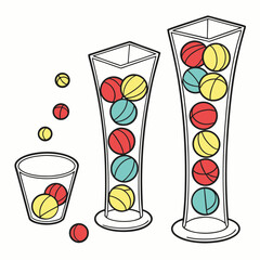 Three clear glass containers with colorful balls inside and some falling into a small cup