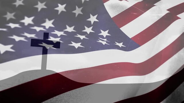 At start semi-transparent American flag rippling over hilltop cross showing faith and patriotism
