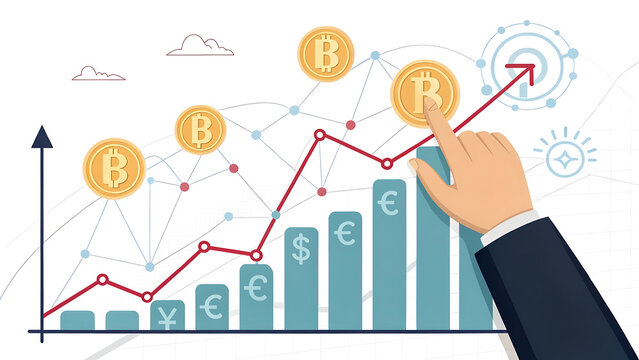 Cartoon hand interacting with cryptocurrency and currency growth chart - Powered by Adobe