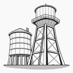 Two distinct water towers with a taller metal tower and a shorter cylindrical tower in a simple black and white illustration