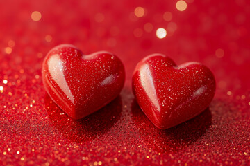 Obraz premium Two red hearts on a red glittery background