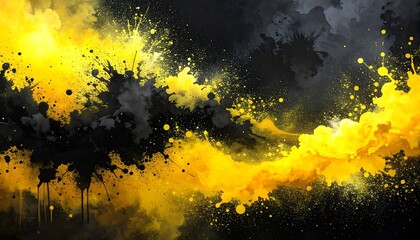 A vibrant abstract design featuring dynamic yellow splashes and streaks against a backdrop of dark black and gray tones.
