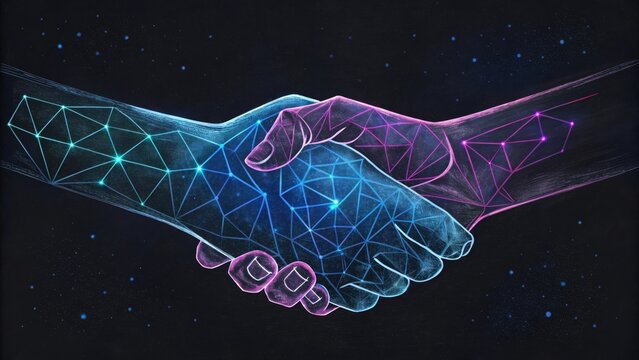 futuristic handshake between two digital networks with glowing blue and pink plexus lines, symbolizing artificial intelligence collaboration in space with stars