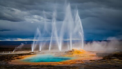 Geothermal Area with Erupting Geysers in Iceland Dramatic Sky