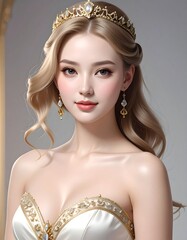 A beautiful woman with blonde hair, adorned with a golden crown and earrings, showcasing a radiant and elegant portrait.