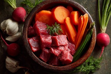 Hearty beef stew with fresh vegetables, including tomatoes, red peppers, and green onions, served as a healthy, delicious meal