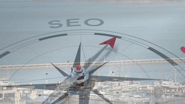 At start compass rose graphic rotating needle clockwise sweeping toward SEO arc showing navigation