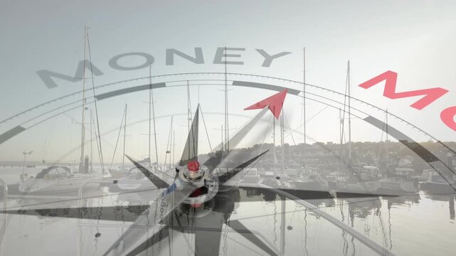 Compass rose graphic fading in over harbor, needle rotating clockwise, highlighting MONEY letters