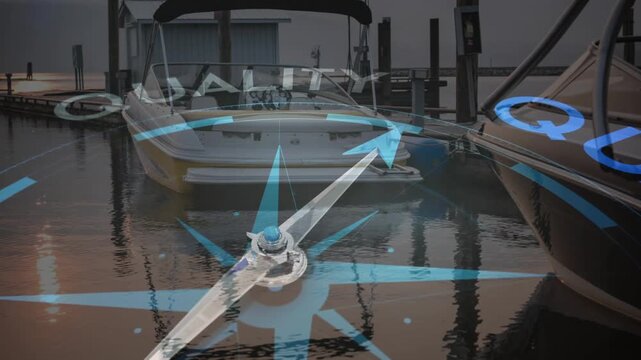 Compass overlay appearing over boat, needle rotating, QUALITY text arcing highlighting quality