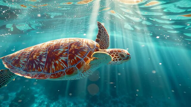 Sea turtle underwater ocean sunlight rays serene swimming reef marine tropical clear water wildlife with calm beauty and graceful glide through
