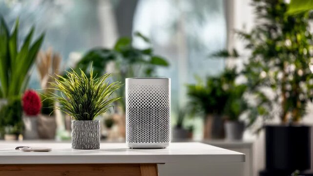 Closeup of a compact air purifier sitting on a modern desk crystal clear focus on the device with softly blurred indoor plants and workspace behind.