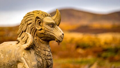 Ram-headed Sphinx Statue in Armenia with Mountain Backdrop.