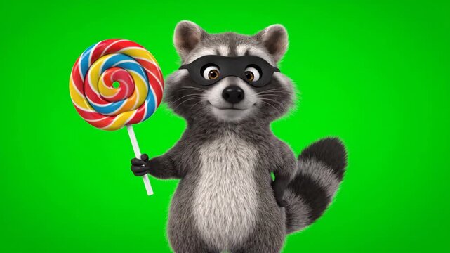 Cartoon Raccoon Bandit with Lollipop - A cheerful cartoon raccoon wearing a black bandit mask holds a large colorful swirl lollipop against a green screen.