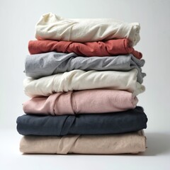 Stack of folded colorful clothes on white background. Pile of neatly folded t shirts in various pastel colors. Folded garments in white, red, grey, pink, beige and black.