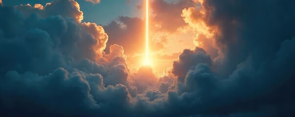 Obraz premium A single, bright light beam pierces through dark clouds, symbolizing hope and a breakthrough; a powerful image of visionary inspiration and future possibilities , progress, dramatic, light