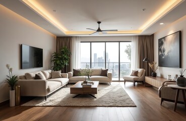 Fototapeta premium Modern living room with beige sofas and coffee table features large window with city view. Comfortable space with sleek decor and ambient lighting. Minimalist design creates an elegant atmosphere.