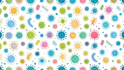 flat design seamless repeating pattern of multicolor virus and bacteria icons on white background for medical illustration