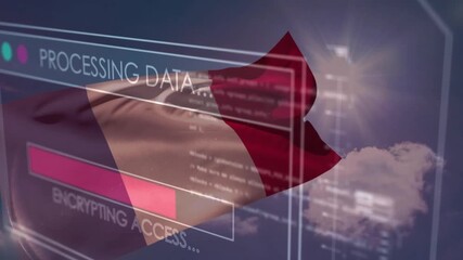 French flag materializing while translucent UI panel guiding data processing steps under bright sky - Powered by Adobe