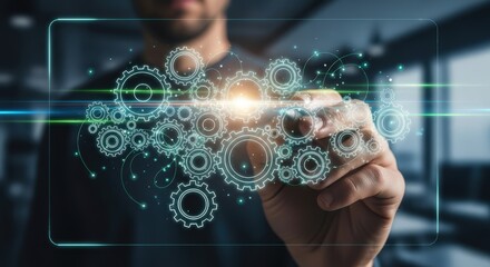 Futuristic technology unveiling complex digital gears interacting with human hand in modern office environment