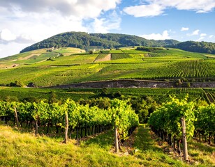 Fototapeta premium Lush vineyard landscape under a partly cloudy sky