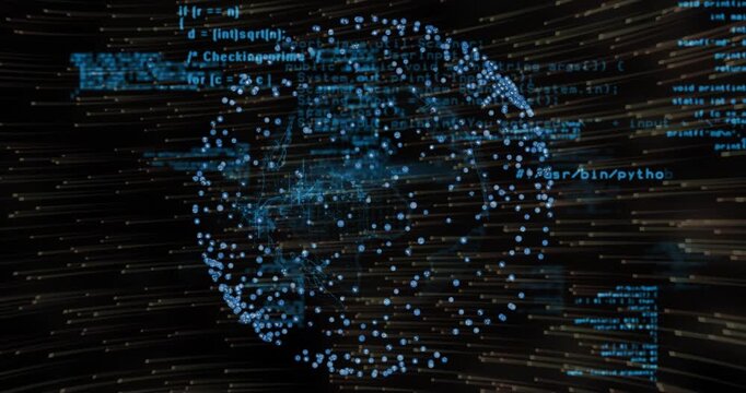 Streaks starting data points forming into rotating globe with streaming code visualizing network