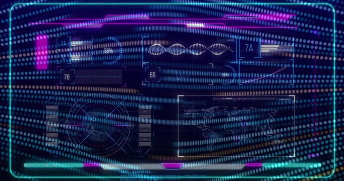 Upon loading holographic dashboard animating metric, gauge and waveform motion for live data update