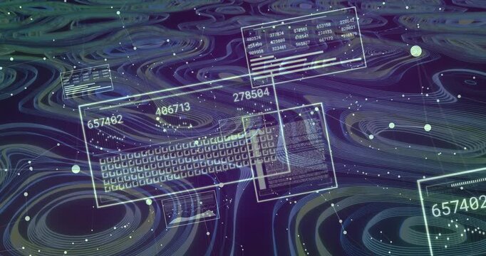 Terrain shifting under starfield revealing bordered data panels updating numbers showing data flow