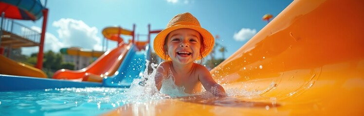 Little child smiles big on bright orange water slide. Kid wears a sun hat, splashes water happily in the pool. Fun summer day at amusement aqua park. Joyful toddler has outdoor play.