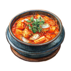 Watercolor vector illustration of Kimchi Stew, isolated on white background.