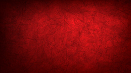 Dark red grunge textured background with light spot. Empty scratched monochrome wall, scarlet red and black color gradient. Vector horizontal banner or poster backdrop, blank HD template.