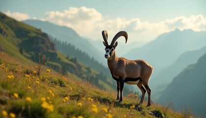 Fototapeta premium Goat stands on green slope with yellow flowers in mountain landscape. Animal watches horizon in wilderness area. Mountain goat stays in nature. Summertime in wild nature animal habitat.