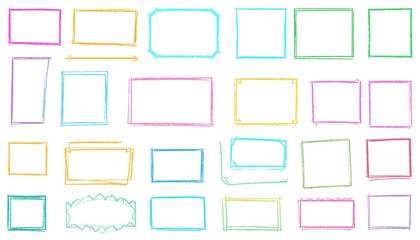 Assorted colorful hand-drawn rectangular picture frames with varied designs.