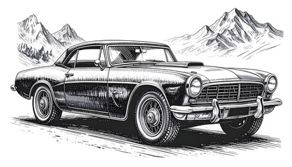 Vintage car sketch with mountains