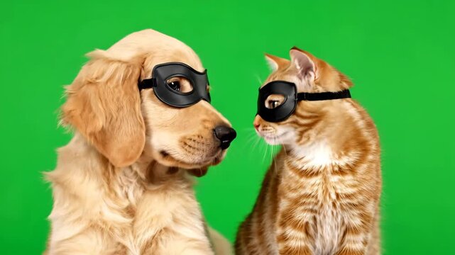 Puppy and Kitten in Robber Masks - A Golden Retriever puppy and a ginger kitten, both wearing black eye masks, sit side-by-side against a bright green chroma key background.