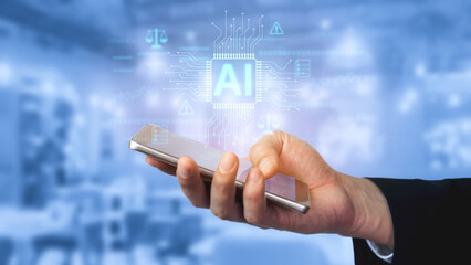 AI circuit microchip with glowing blue lines, surrounded by legal scales, warning symbols, data sheets, and binary codes, representing ethical AI, AI governance, and data integrity Vouch