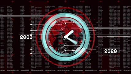 Startup launching clock rotating rings advancing hands, pulsing map and scrolling labels in tech UI - Powered by Adobe