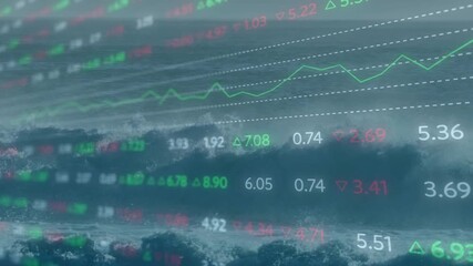 Swelling and breaking ocean wave initiating grid fading in, tickers shifting mapping market trends - Powered by Adobe