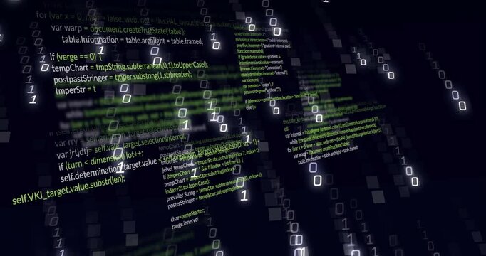 Black void initiating code panels sliding as binary digits cascading in 3D for data visualization